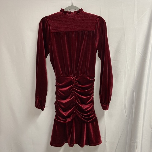 Hale Bob Manon Shirred Velvet Faux Wrap Mini Dress Burgundy Size XS NWT - Picture 4 of 8